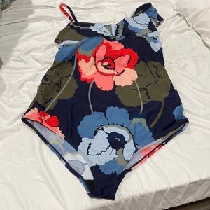 Motherhood Maternity One Piece Bathing Suit With Ruffle Accent, Removable Strap